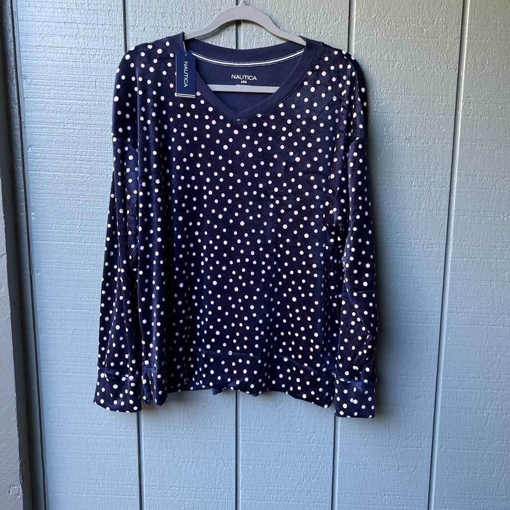 Nautica Two Piece Blue Pink Polka Dots Cozy Velour PJ Sleepwear Set Fall Winter - Picture 2 of 16